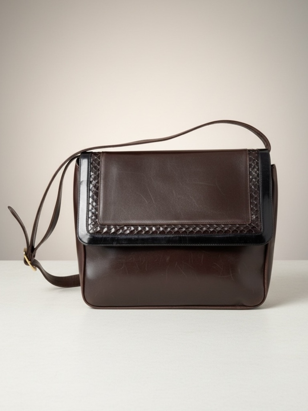 Vintage Salvatore Ferragamo Brown Leather Snakeskin Crossbody Messenger Bag